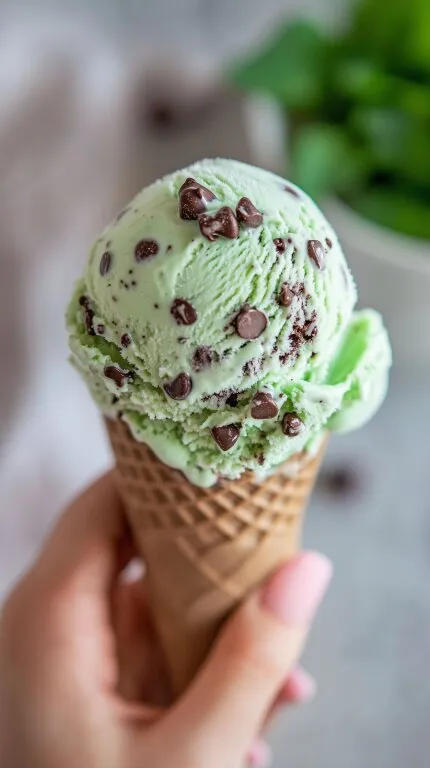Erfrischendes Minzeeis mit Schokoladenröllchen im Waffelbecher