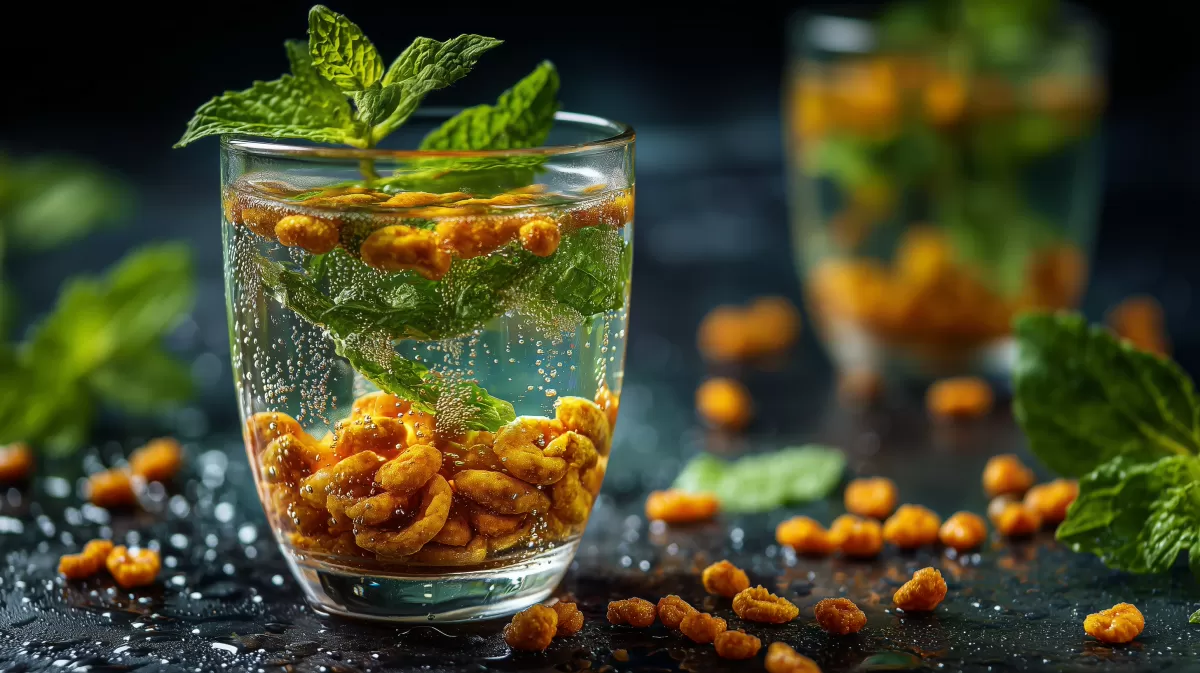 Erfrischendes Minzgetränk mit karamellisierten Nüssen