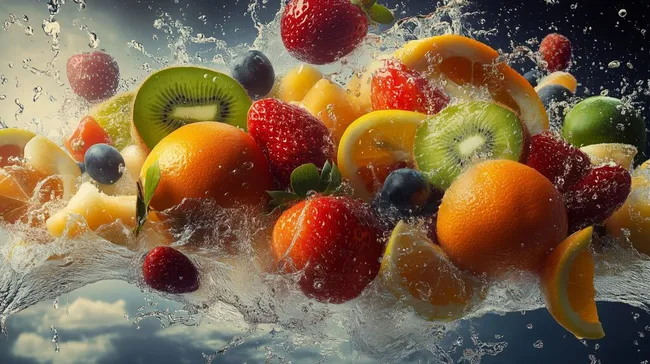 Erfrischendes Obststilleben mit Spritzwasser kostenlos herunterladen