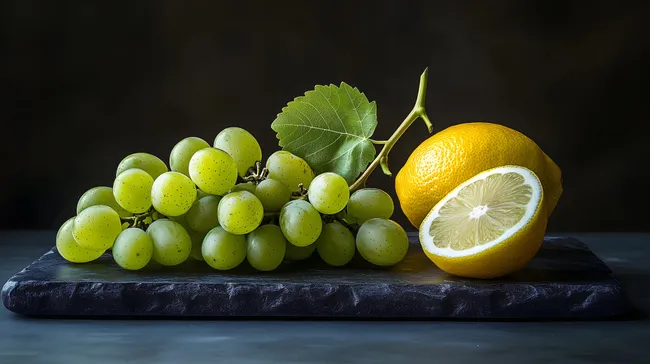 Erfrischendes Stillleben mit Früchten auf dunklem Hintergrund