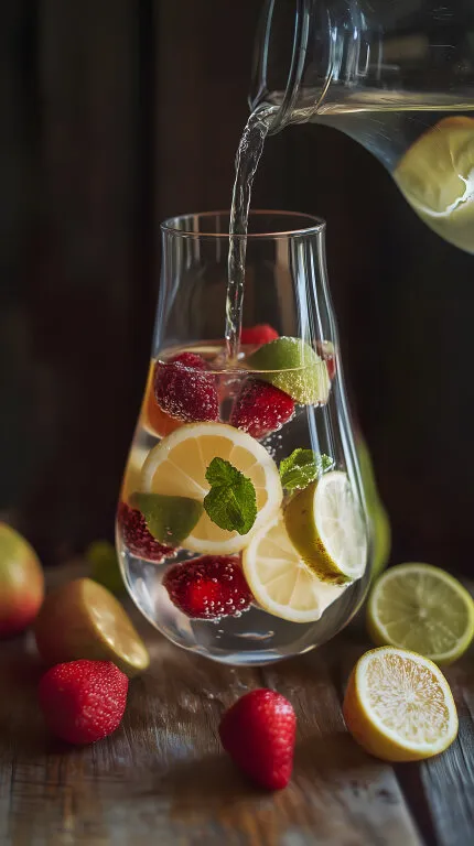 Erfrischendes Wasser mit Zitrone, Erdbeeren und Limette
