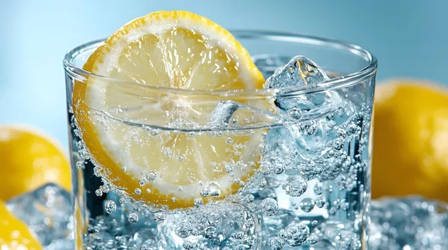 Erfrishendes Glas prickelndes Wasser mit Zitrone