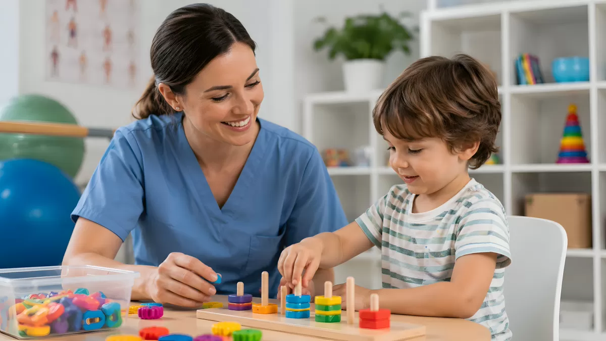 Ergotherapeutin arbeitet mit kleinem Kind an Steckspiel