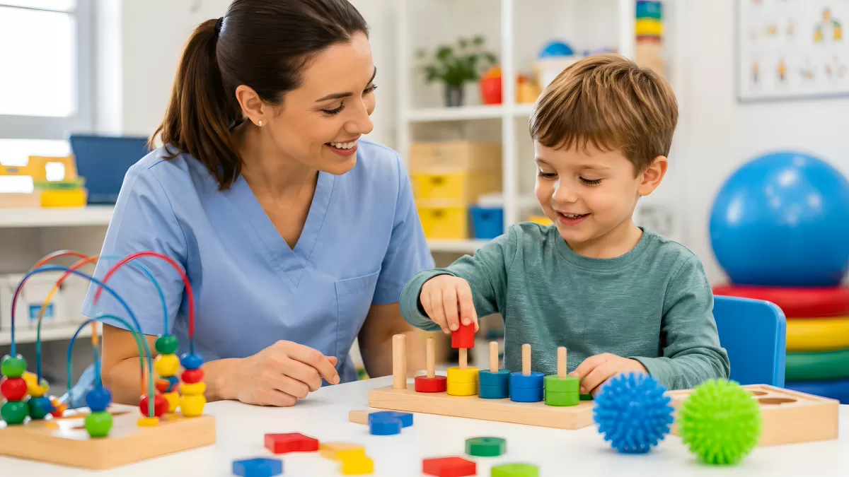 Ergotherapeutin begleitet Kind beim Spielen mit Holzspielzeug