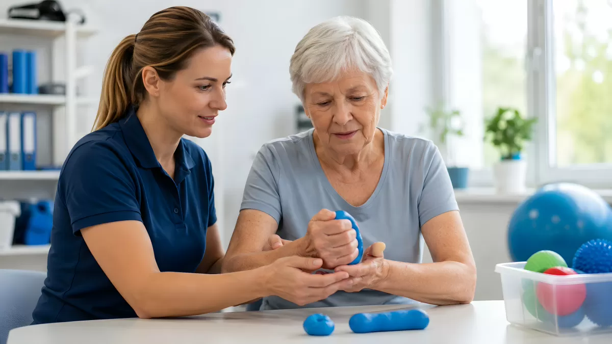 Ergotherapeutin hilft älterer Frau beim Handtraining