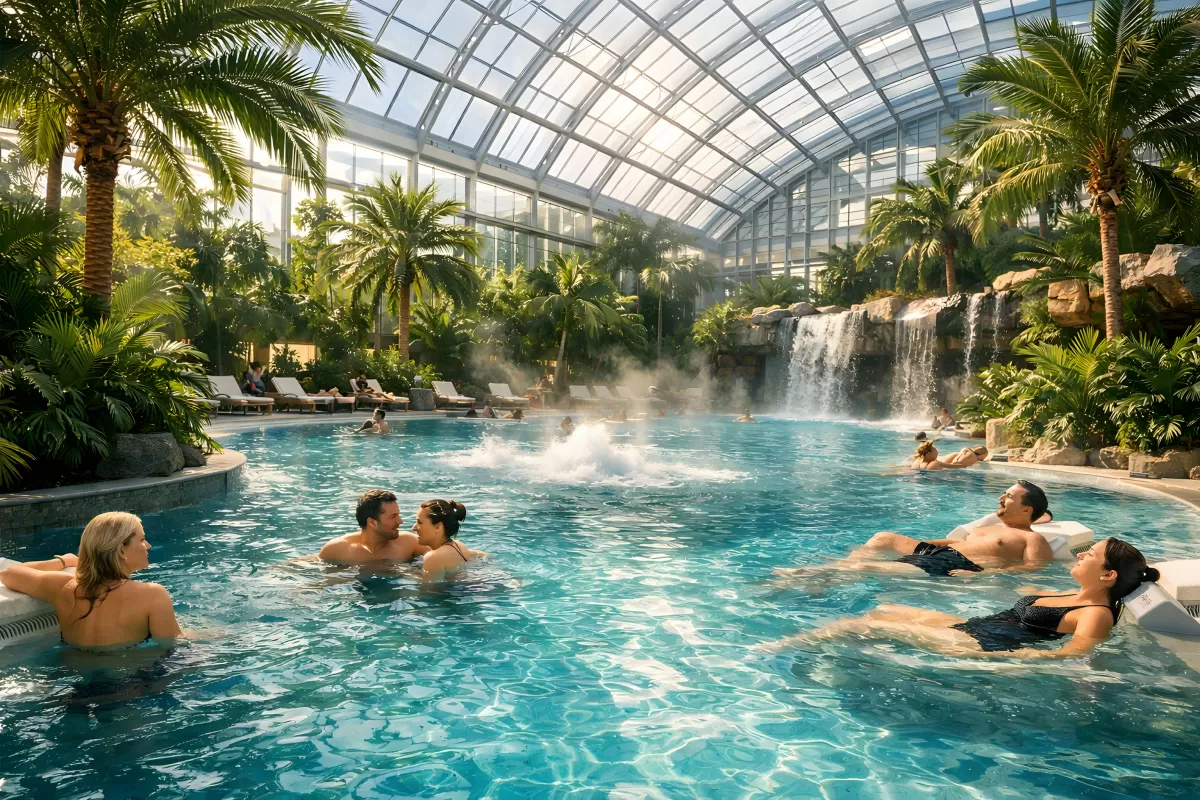 Erholsames Tropengarten-Schwimmbad mit Wasserfall