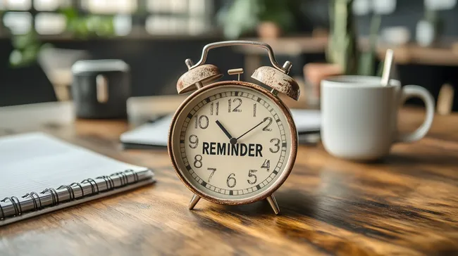 Erinnernder Wecker auf Holztisch mit Tasse