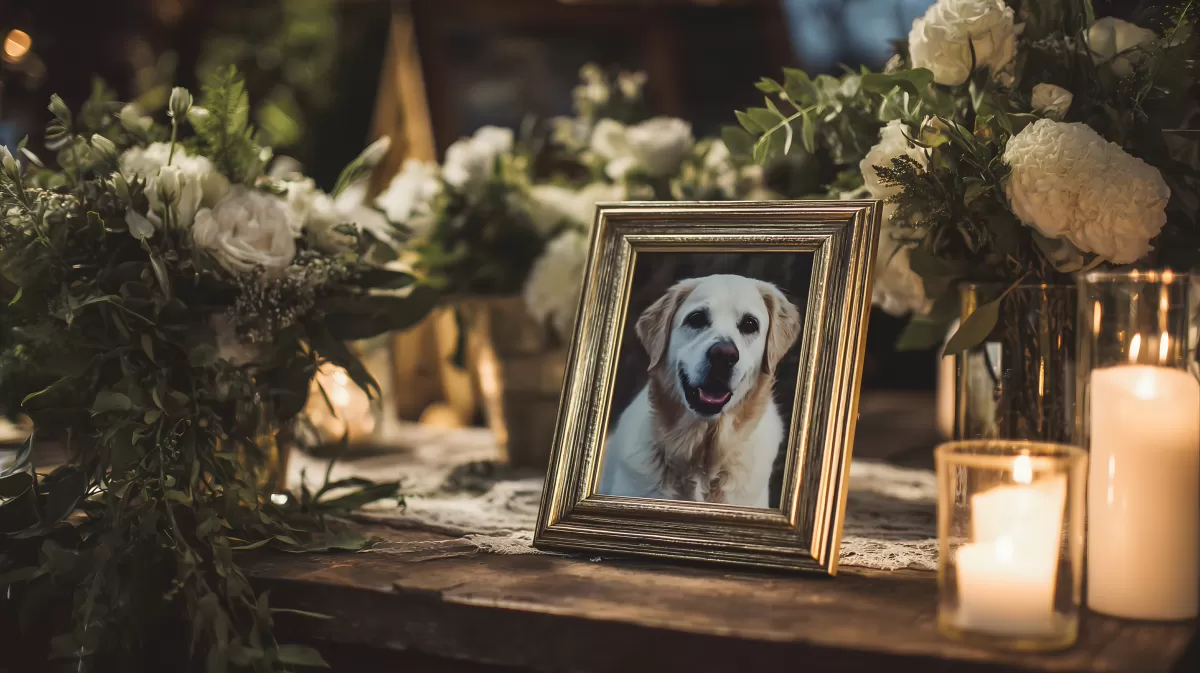 Erinnerungstafel für verstorbenen Haushund mit Blumen