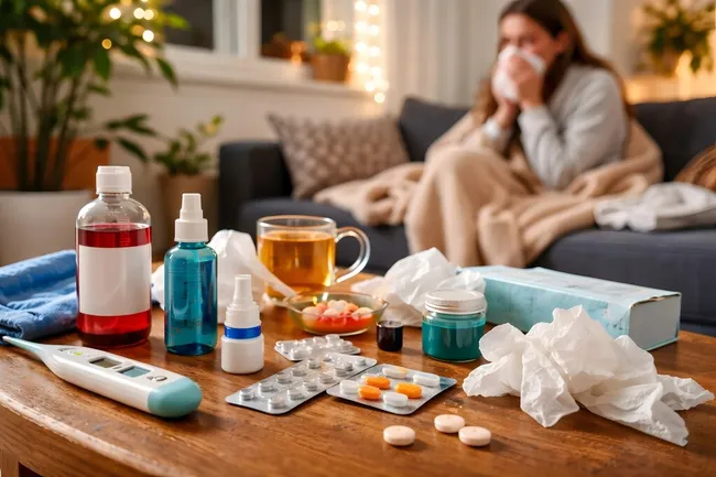 Erkältete Frau auf Sofa mit Medikamenten und Taschentüchern