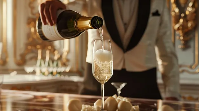 Erlesener Champagner wird in elegantes Glas eingeschenkt