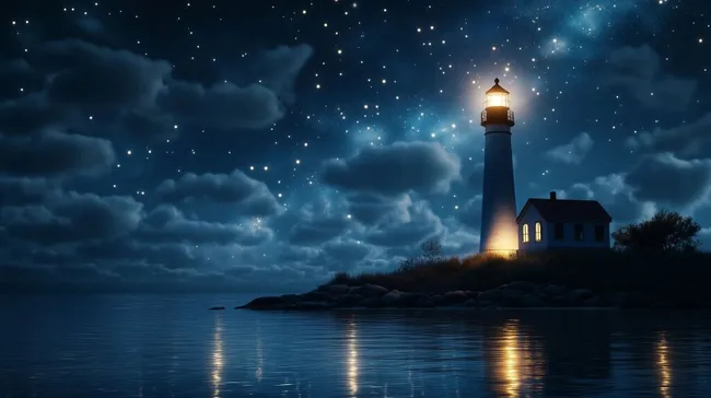 Erleuchteter Leuchtturm an der Küste bei Nacht