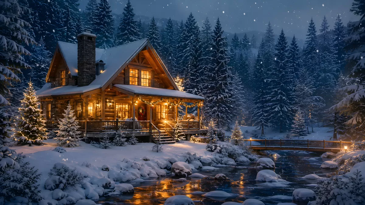 Erleuchtetes Holzhaus im Winterwald bei Nacht