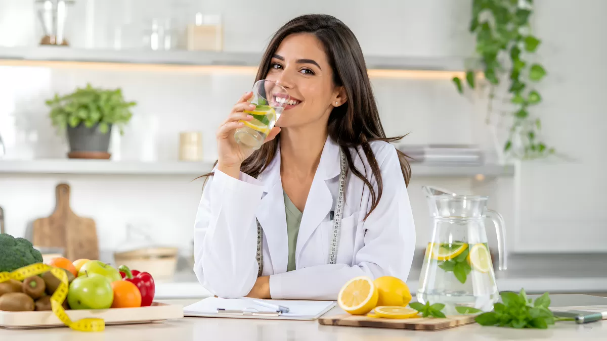 Ernährungsberaterin trinkt Zitronenwasser in heller Küche