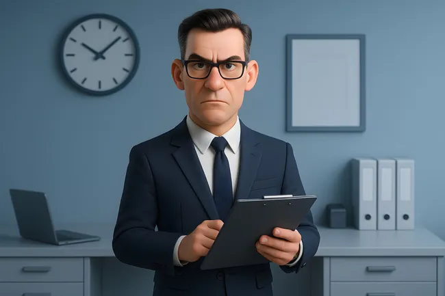 Ernster Geschäftsmann mit Klemmbrett im Büro