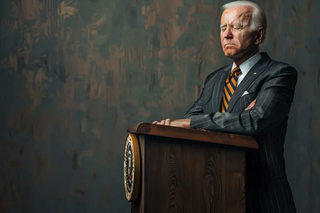 Ernster Politiker an Rednerpult mit Wappenemblema