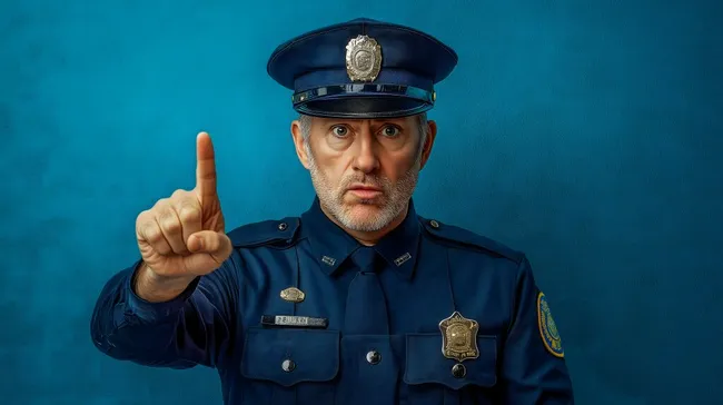 Ernsthafter Polizist mit erhobener Hand in Blauer Uniform