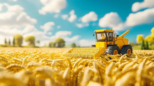 Erntemaschine auf Weizenfeld unter blauem Himmel