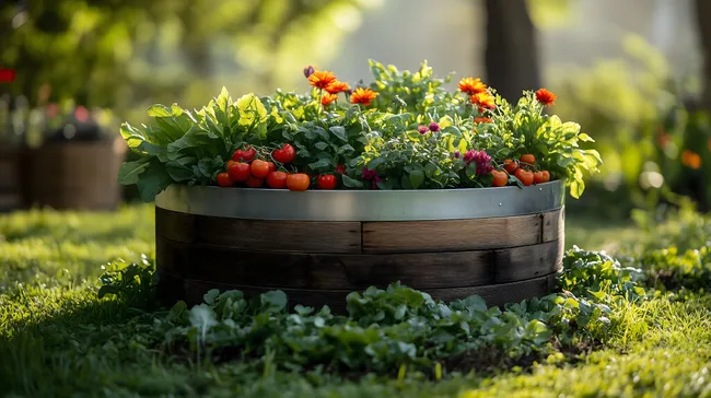 Erntereife Gemüse und Blüten in natürlicher Gartendekoration