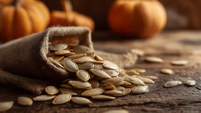 Erntereife Kürbiskerne auf rustikaler Holzfläche