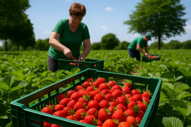 Erntezeit für köstliche Erdbeeren auf dem Feld
