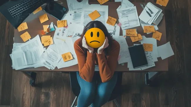 Erschöpfte Frau mit Emoticon-Gesicht im überfüllten Büro