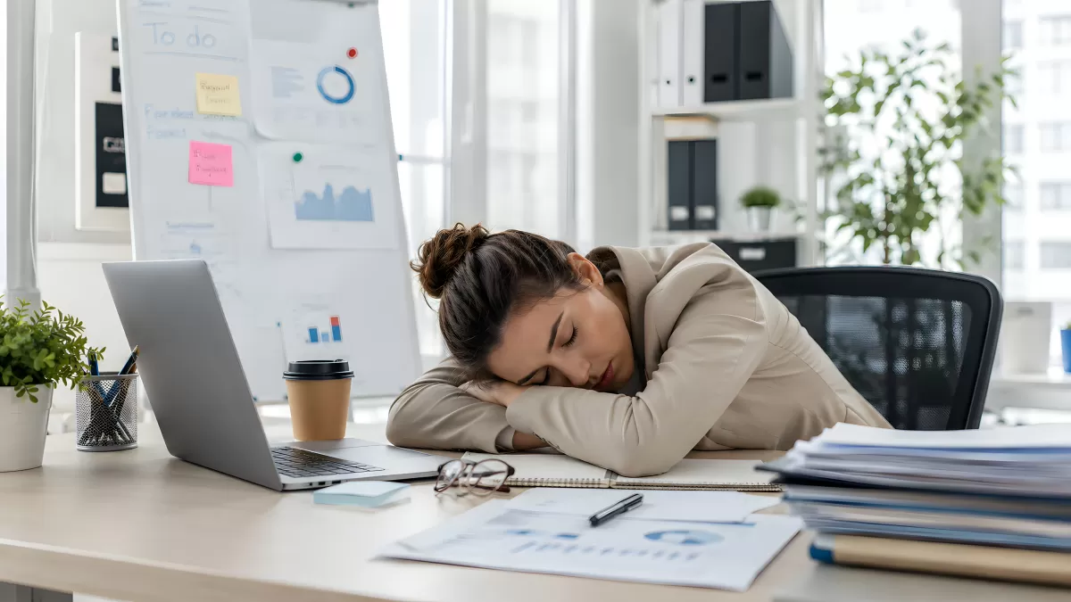 Erschöpfte Frau schläft am Schreibtisch im Büro