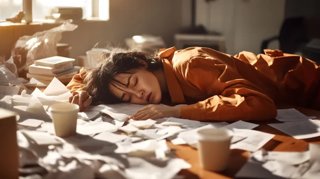 Erschöpfte Frau schläft inmitten von Papierchaos