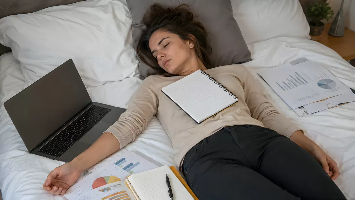 Erschöpfte Frau schläft mit Laptop und Unterlagen im Bett