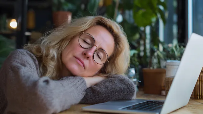 Erschöpfte junge Frau schläft am Schreibtisch im Büro