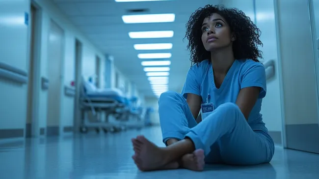 Erschöpfte Krankenschwester sitzt im Krankenhauskorridor