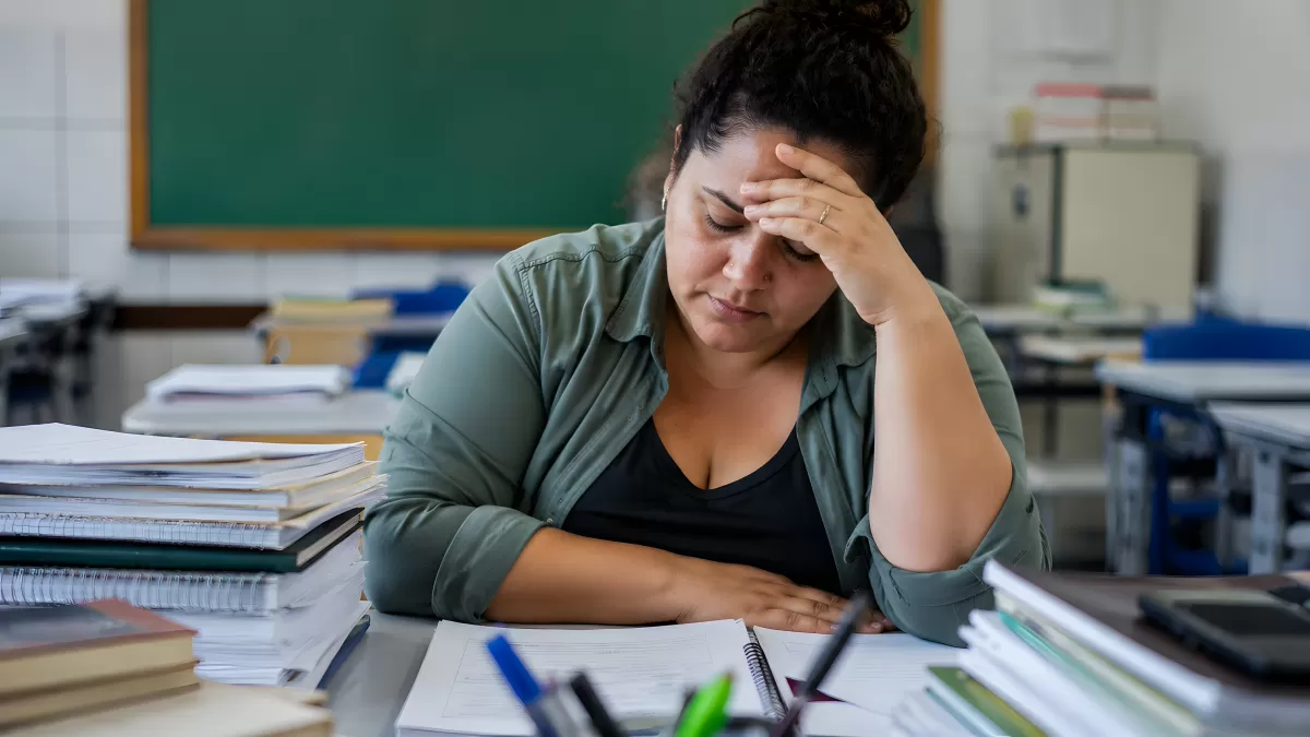 Erschöpfte Lehrerin am Schreibtisch voller Unterlagen