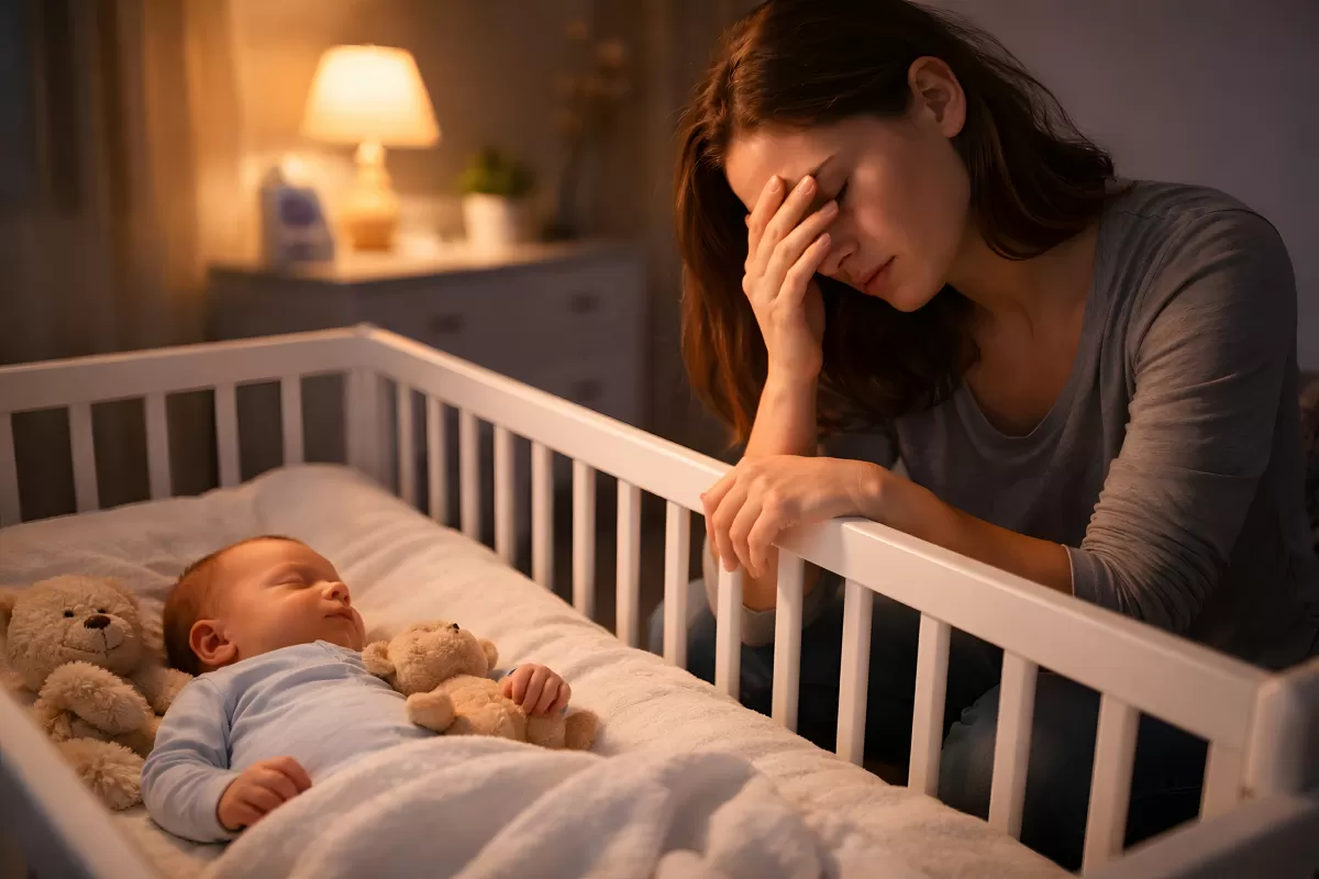 Erschöpfte Mutter beobachtet schlafendes Baby im Kinderbett