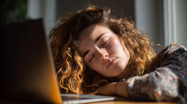 Erschöpfte Studentin schläft bei Hausaufgaben am Laptop