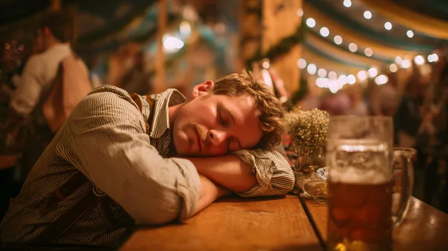 Erschöpfter Besucher einer Feier im Zelt schläft am Tisch