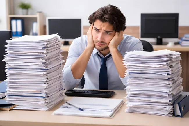 Erschöpfter Büroangestellter zwischen Papierstapeln am Schreibtisch