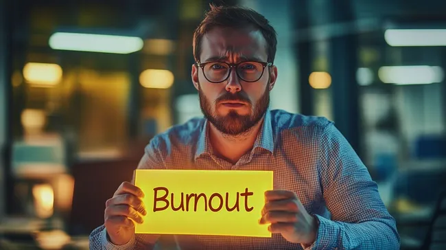 Erschöpfter Büroarbeiter zeigt Burnout-Schild