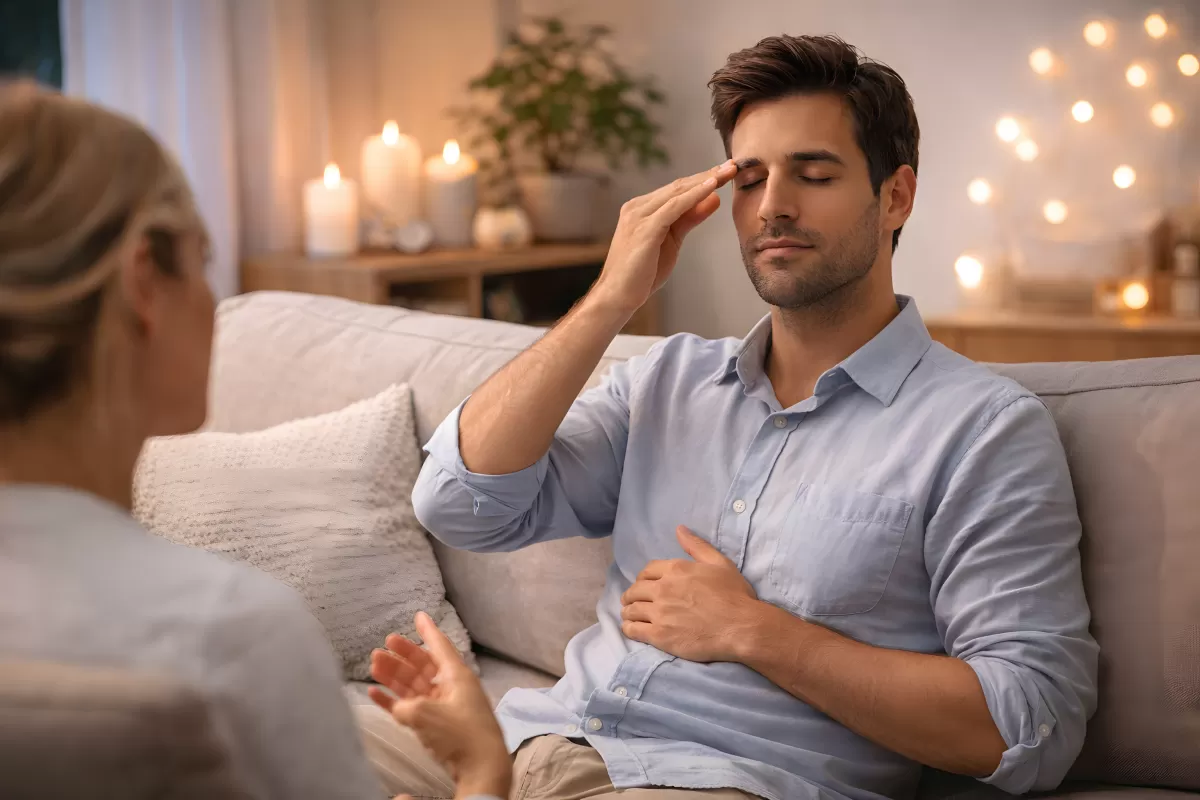 Erschöpfter Mann entspannt sich auf der Couch