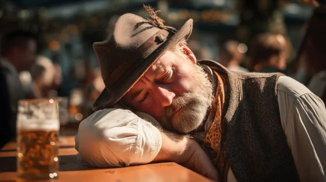 Erschöpfter Mann in traditioneller bayrischer Tracht