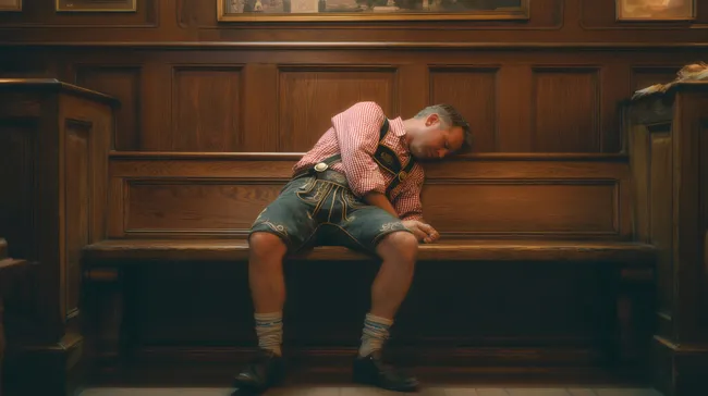 Erschöpfter Mann in traditioneller Tracht auf Holzbank