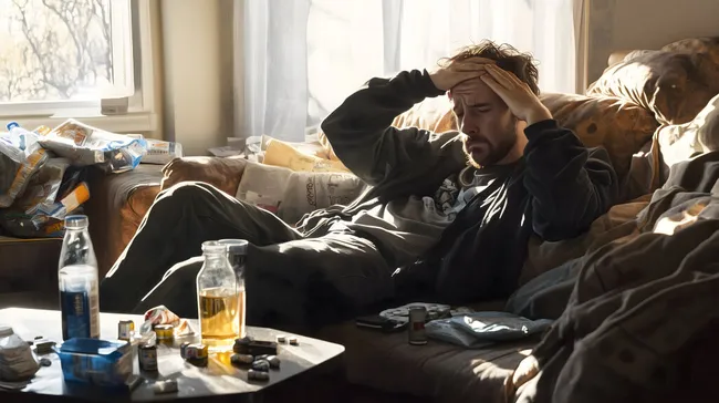 Erschöpfter Mann nach durchzechter Nacht