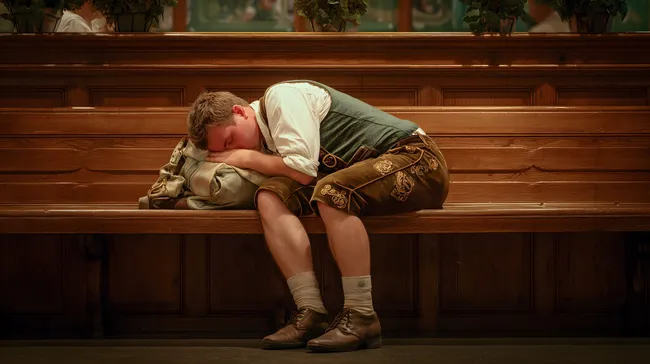 Erschöpfter Oktoberfestbesucher in Lederhose schläft auf Holzbank