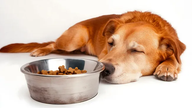 Erschöpfter Retriever schläft neben Futternapf