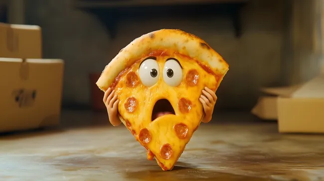 Erschrockene Cartoon-Pizza mit großen Augen