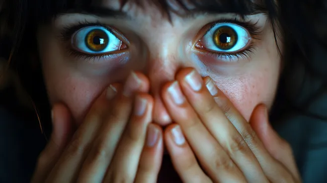 Erschrockene Frau mit großen Augen hält Hände vor Gesicht