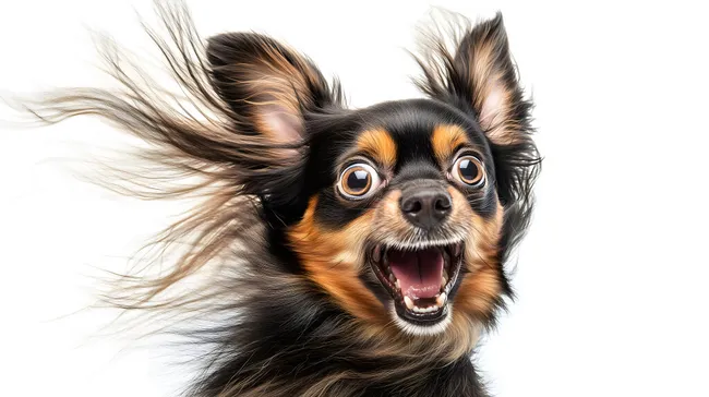 Erschrockener Chihuahua mit flatterndem Fell