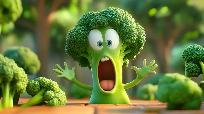 Erschrockener grüner Brokkoli mit offenem Mund