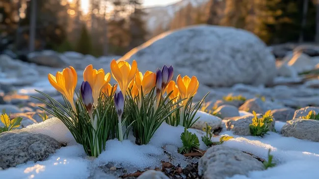 Erste Frühlingsblüten im Schnee während des Tauwetters