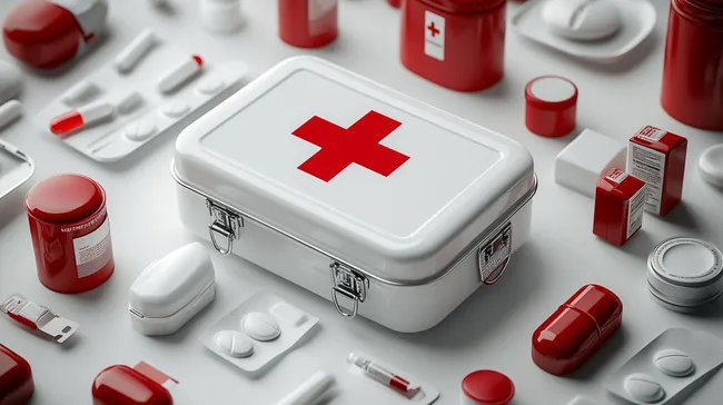 Erste-Hilfe-Kasten mit Medikamenten und Hilfsmitteln