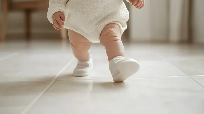 Erste Schritte eines kleinen Kindes auf hellen Fliesen