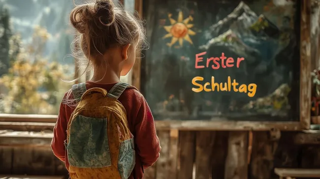 Erster Schultag des Grundschülers vor Klassenzimmertafel